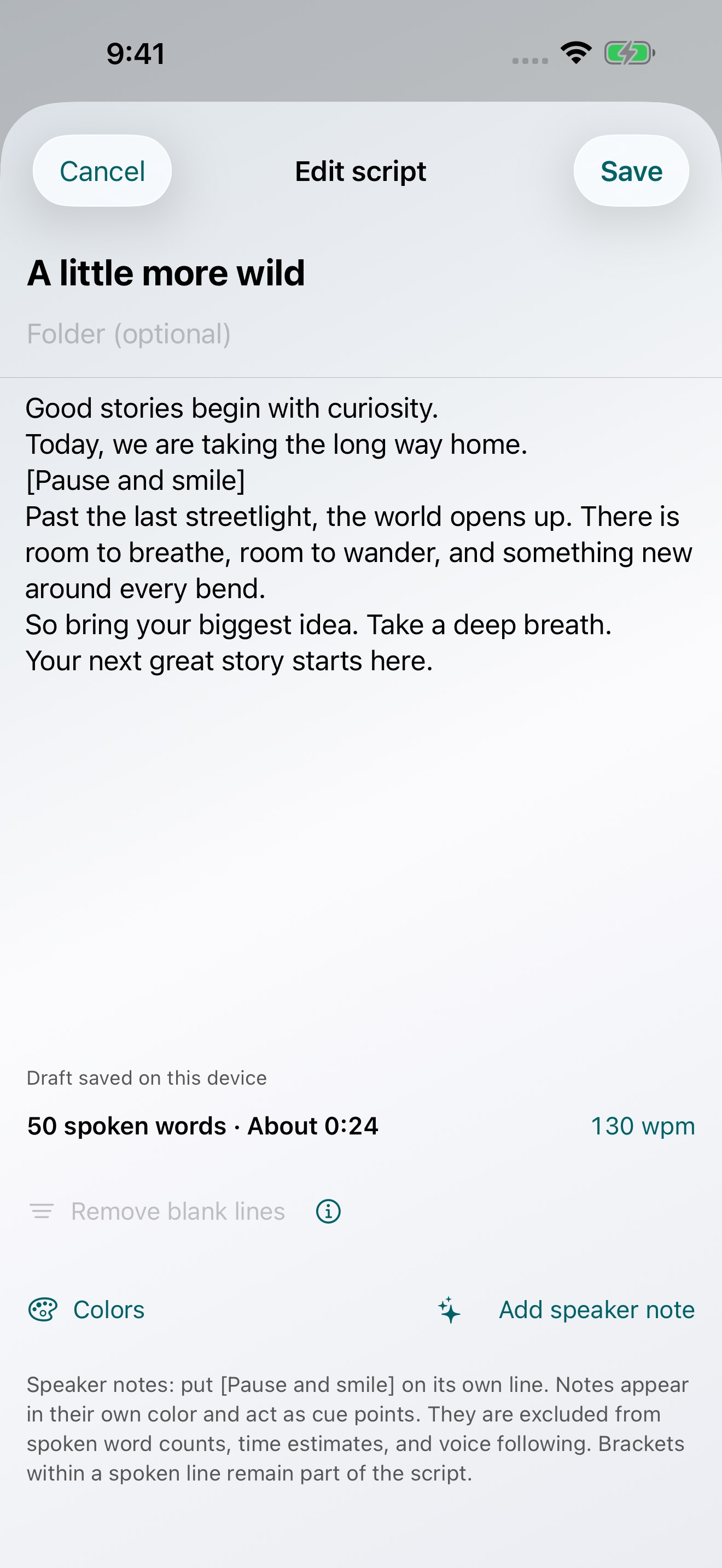 OtterPrompt script editor with word count, time estimate, colors, and instructions for speaker notes